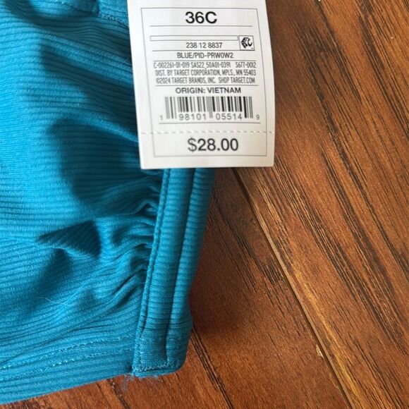 Shade & Shore 36C Blue Shirred Ribbed Bandeau Bikini Swim Underwire Top - Picture 11 of 11